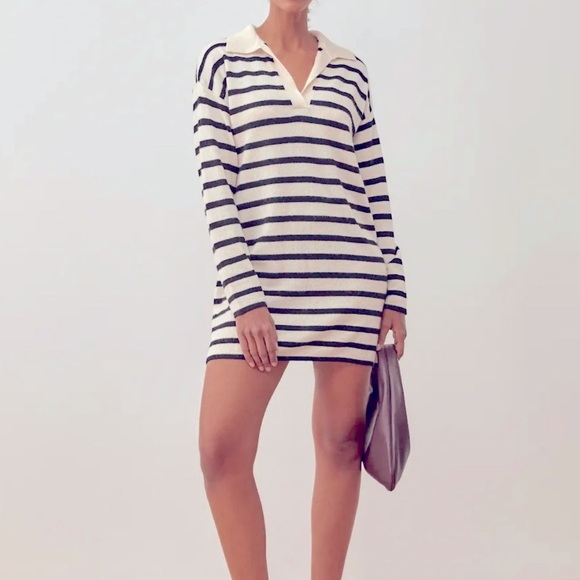 Reformation Doreen Cashmere Polo Mini Dress, Size: Small, Gossamer Black Stripe - Picture 2 of 10